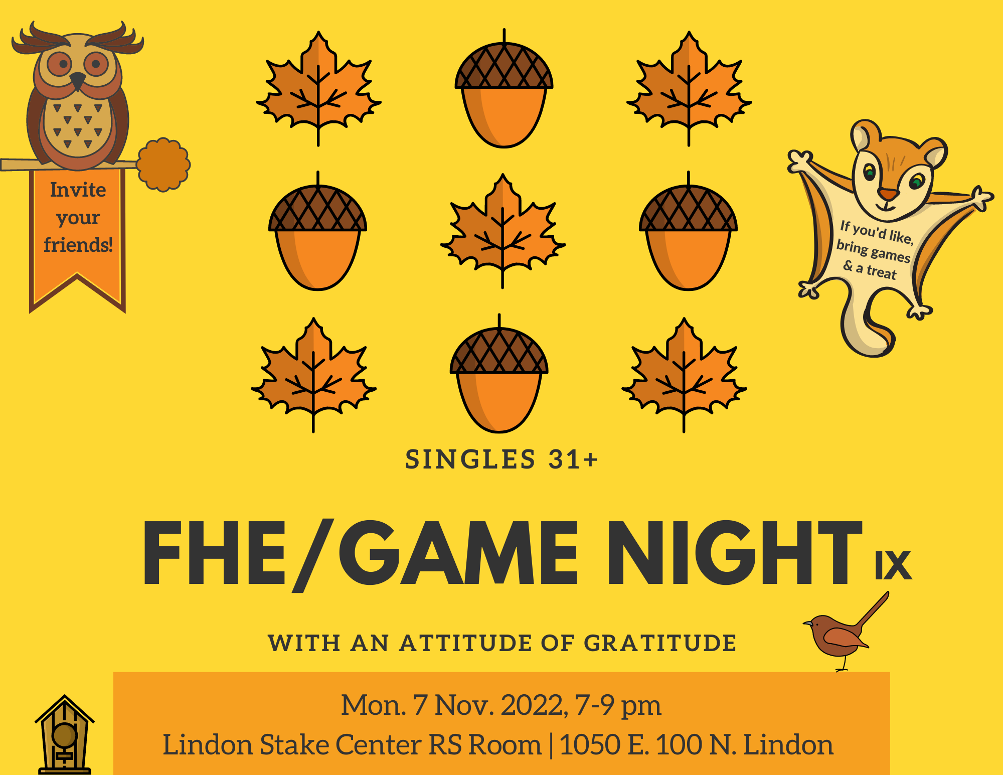 Game Night/Family Home Evening for Singles 36+ Nov 2022