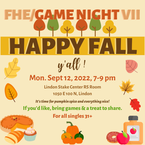 Game Night/Family Home Evening for Singles 31+ Sept 2022